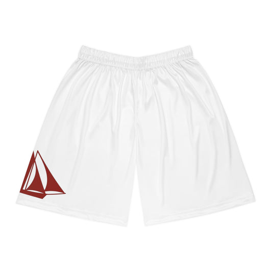Galway Hooker Sailboat Print Basketball Shorts — White Athletic Shorts with Red Sail Graphic