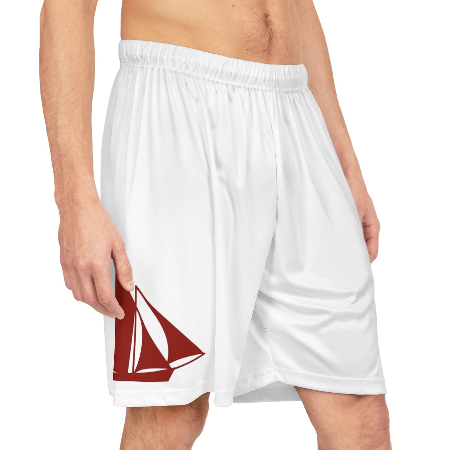 Galway Hooker Sailboat Print Basketball Shorts — White Athletic Shorts with Red Sail Graphic