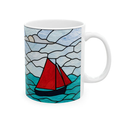 Sailing Stained Glass Ceramic Mug – Ocean Waves & Red Sail (11oz)