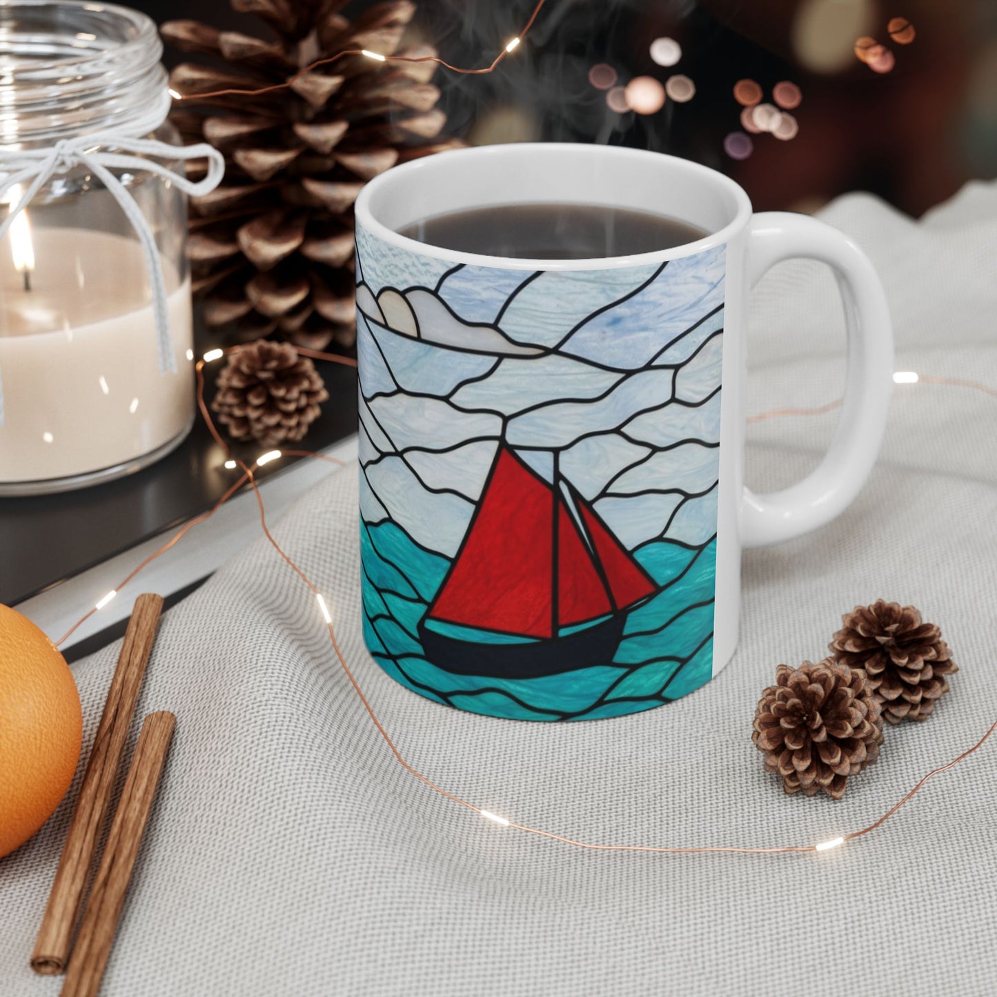 Sailing Stained Glass Ceramic Mug – Ocean Waves & Red Sail (11oz)