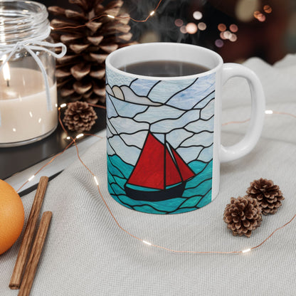 Sailing Stained Glass Ceramic Mug – Ocean Waves & Red Sail (11oz)
