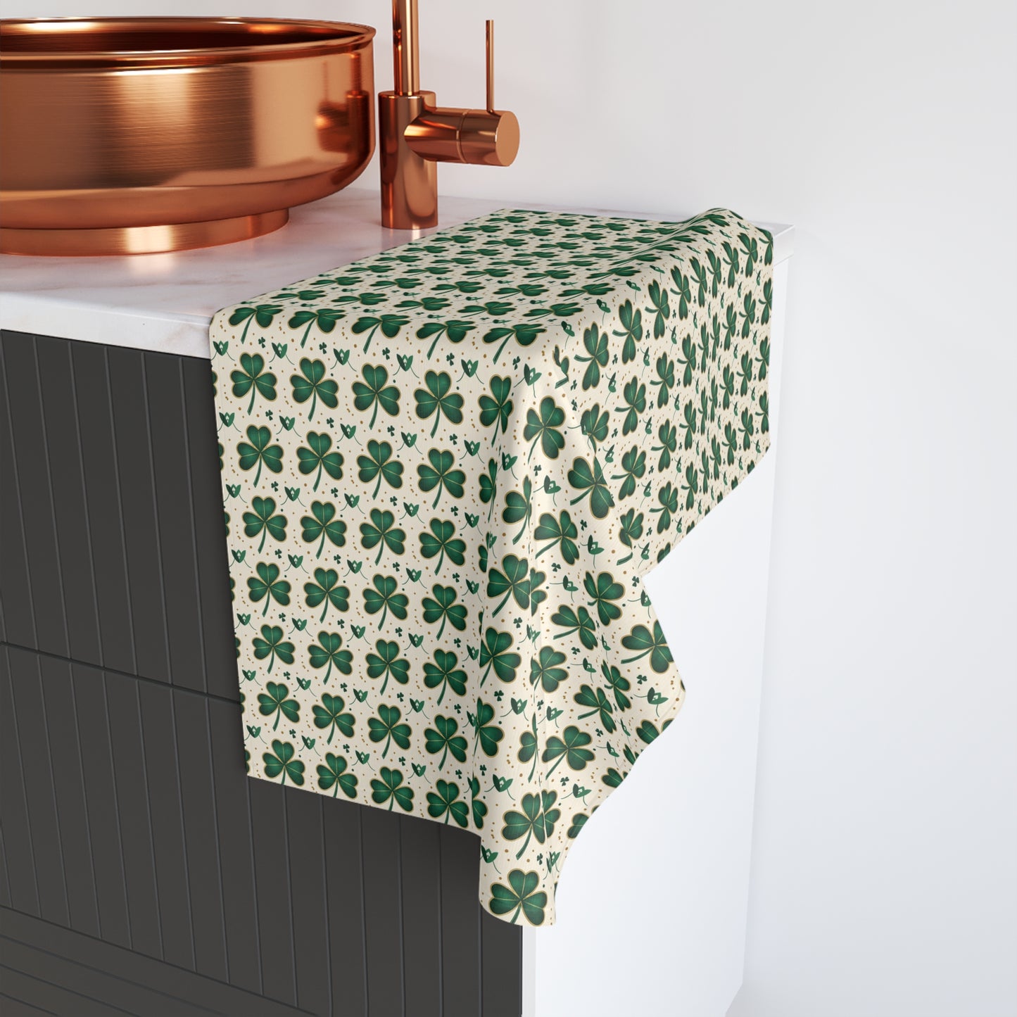 Shamrock Pattern Hand Towel — St. Patrick's Day Green Clover Kitchen Linen