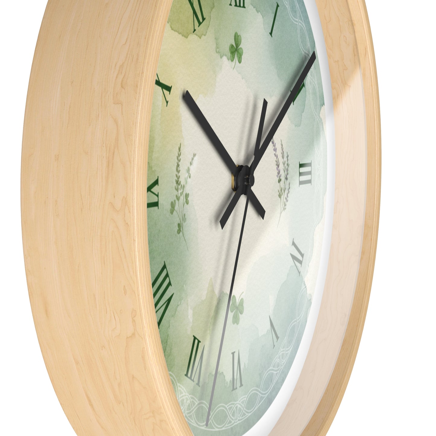 Green Watercolor Shamrock Wall Clock — Celtic Roman Numeral Home Decor