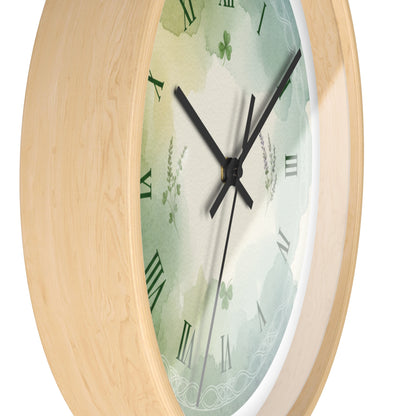 Green Watercolor Shamrock Wall Clock — Celtic Roman Numeral Home Decor