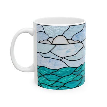 Sailing Stained Glass Ceramic Mug – Ocean Waves & Red Sail (11oz)