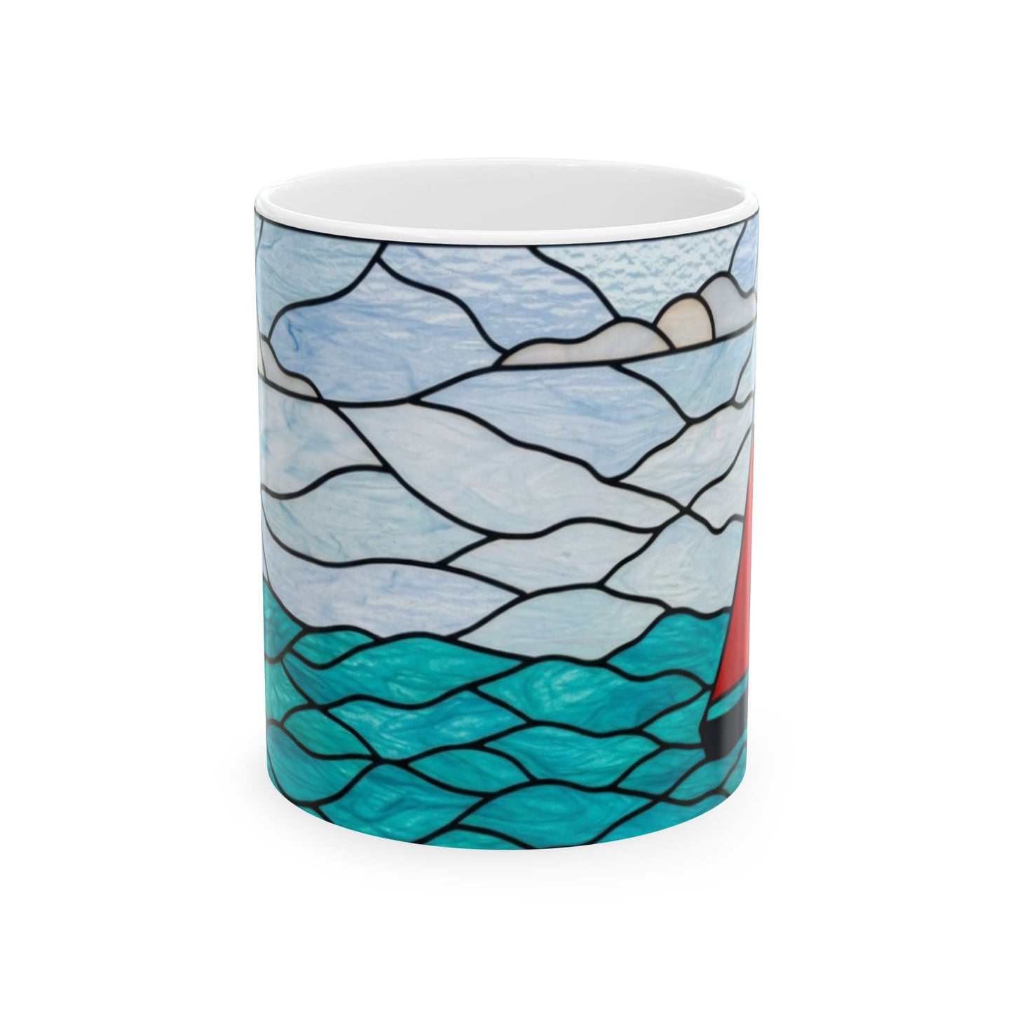 Sailing Stained Glass Ceramic Mug – Ocean Waves & Red Sail (11oz)