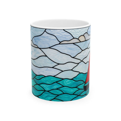 Sailing Stained Glass Ceramic Mug – Ocean Waves & Red Sail (11oz)