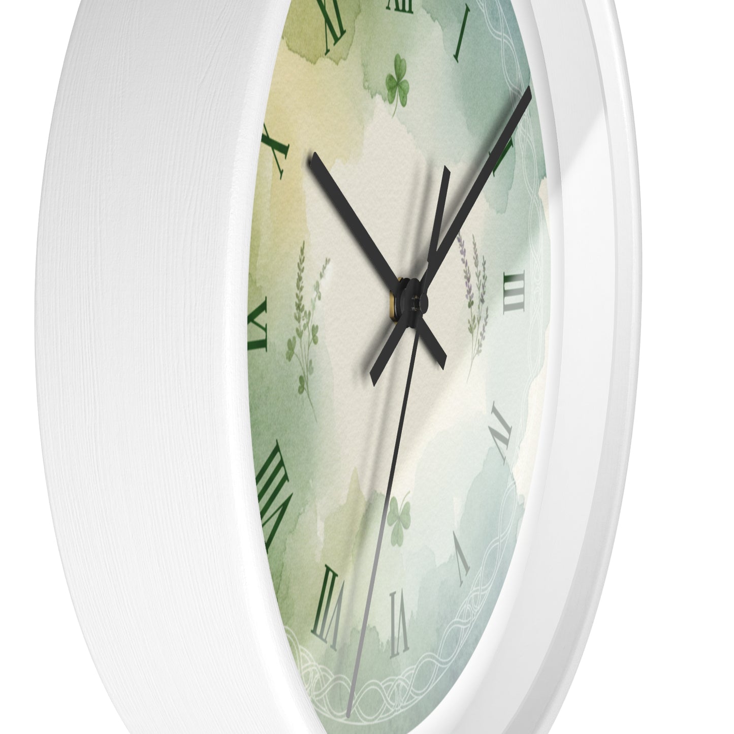 Green Watercolor Shamrock Wall Clock — Celtic Roman Numeral Home Decor