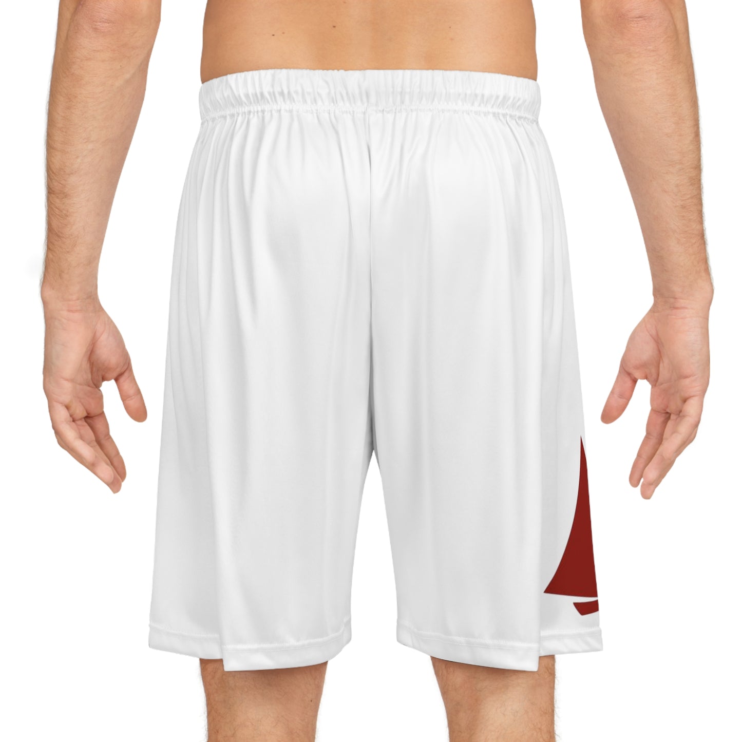 Galway Hooker Sailboat Print Basketball Shorts — White Athletic Shorts with Red Sail Graphic
