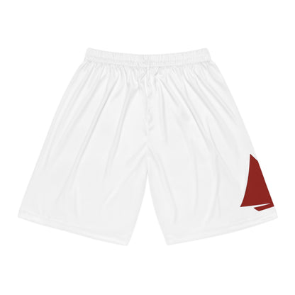 Galway Hooker Sailboat Print Basketball Shorts — White Athletic Shorts with Red Sail Graphic