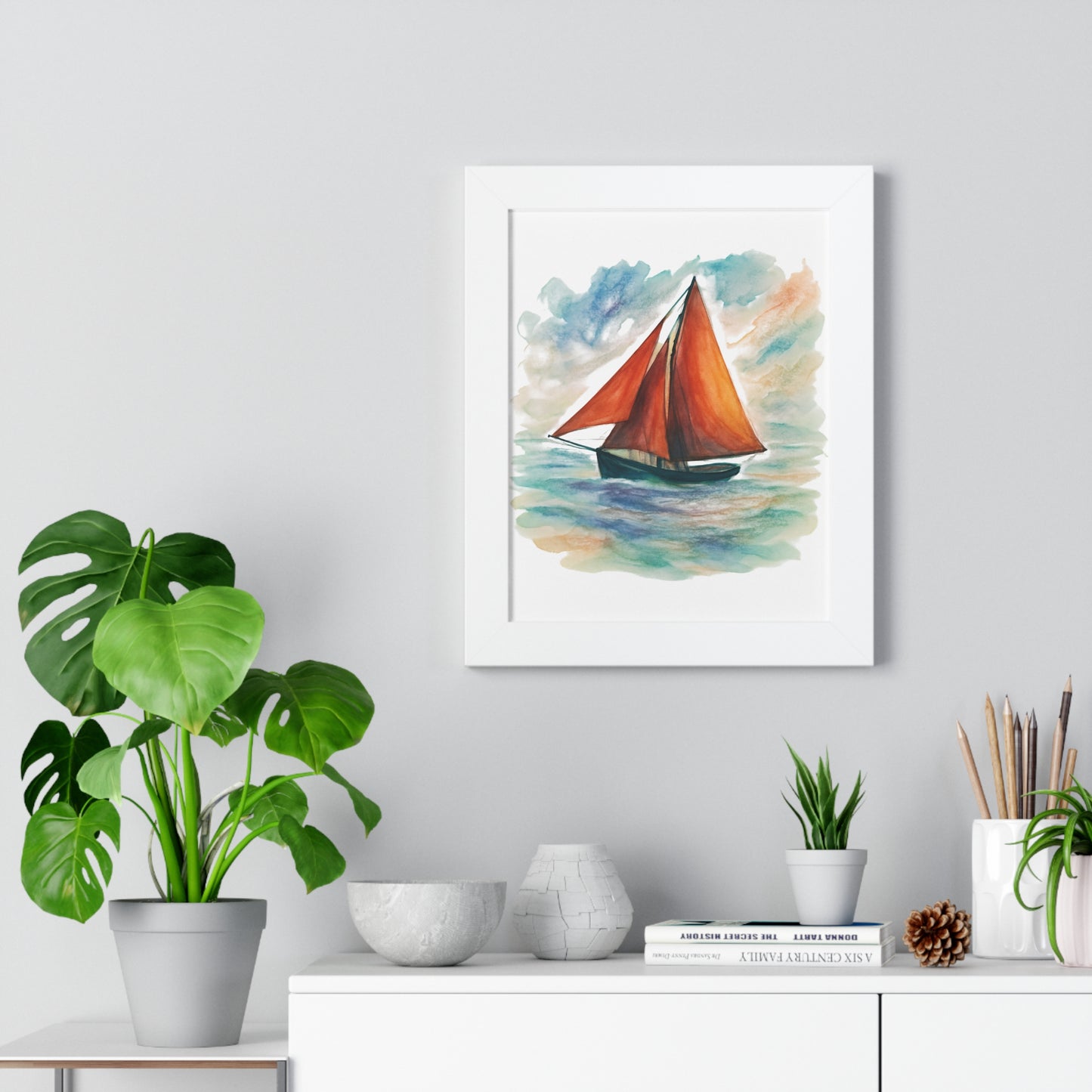 Galway Hooker Seascape Framed Vertical Poster, Nautical Wall Art, Coastal Decor, Sailboat Print, Gift for Ocean Lovers, Home and Living Decoration