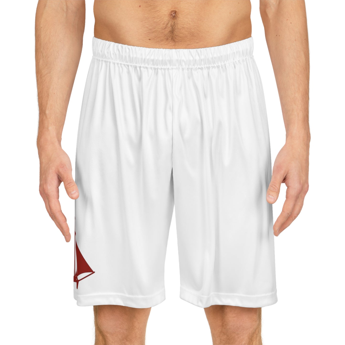 Galway Hooker Sailboat Print Basketball Shorts — White Athletic Shorts with Red Sail Graphic