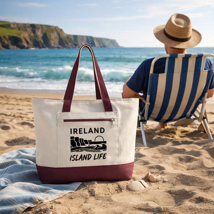 Ireland Island Life Canvas Tote — Personalize Zippered Travel Market Bag