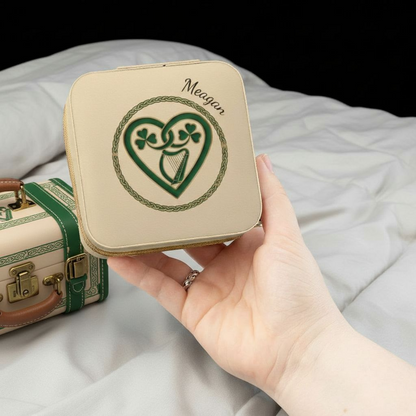 Personalized Irish Design Jewelry Travel Case — Compact Zippered Organizer with Ring & Earring Compartments (Add Name, Quote or Date)
