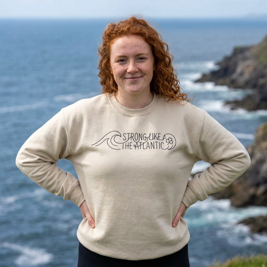Irish Crewneck Sweatshirt — "Strong Like the Atlantic" Minimal Wave Design
