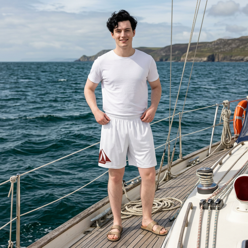Galway Hooker Sailboat Print Basketball Shorts — White Athletic Shorts with Red Sail Graphic