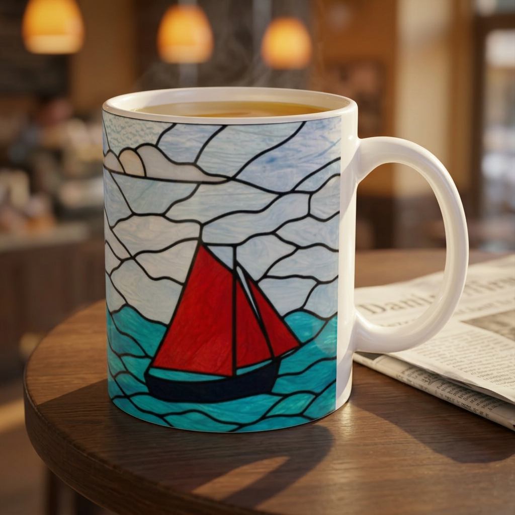 Sailing Stained Glass Ceramic Mug – Ocean Waves & Red Sail (11oz)