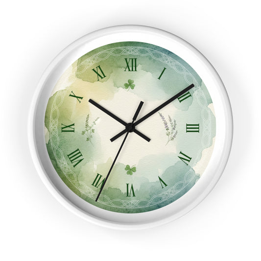 Green Watercolor Shamrock Wall Clock — Celtic Roman Numeral Home Decor