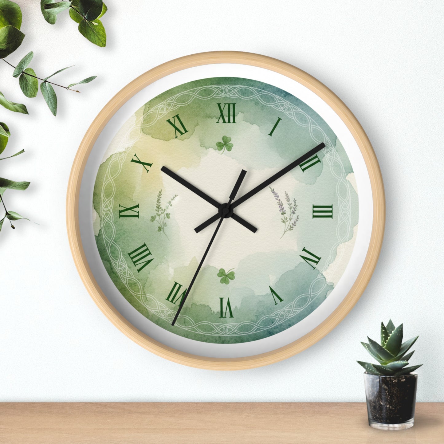 Green Watercolor Shamrock Wall Clock — Celtic Roman Numeral Home Decor