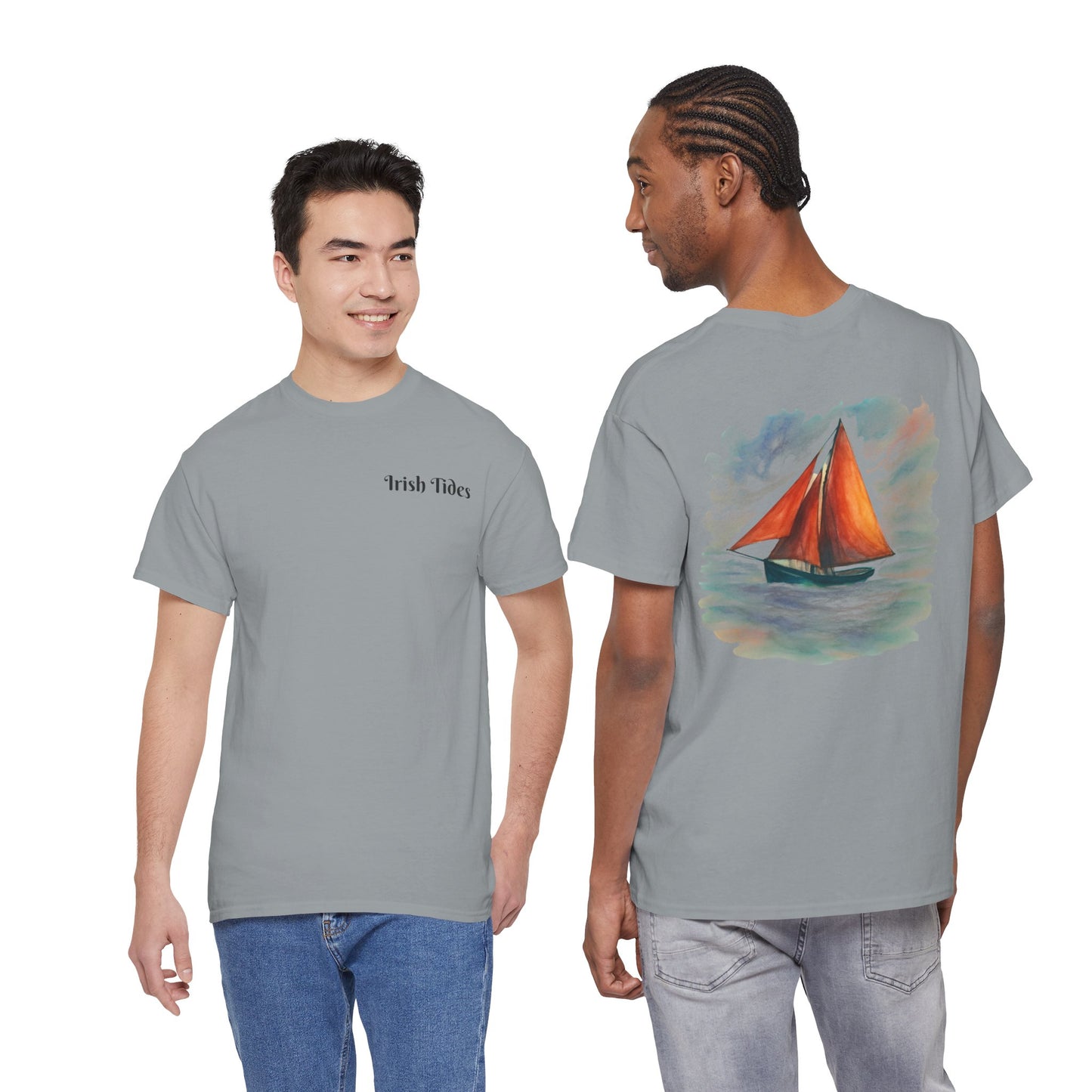 Personalized Irish Tides Unisex Heavy Cotton Tee | Galway Hooker Watercolor | Nautical Ocean Lover Gift