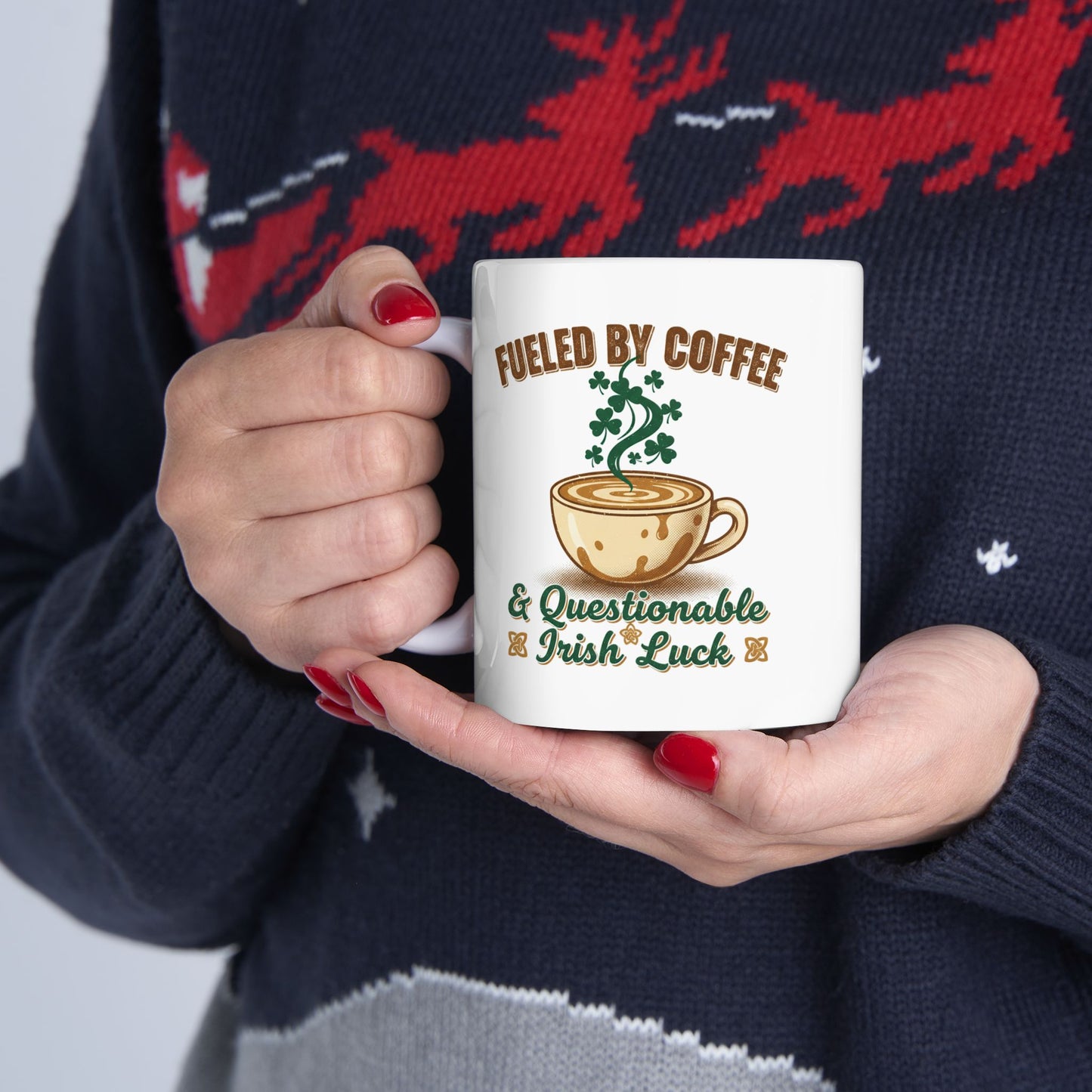 Fueled by Coffee & Caffeine and Irish Luck Ceramic Mug — Retro St. Patrick’s Coffee Gift (11oz, 15oz)