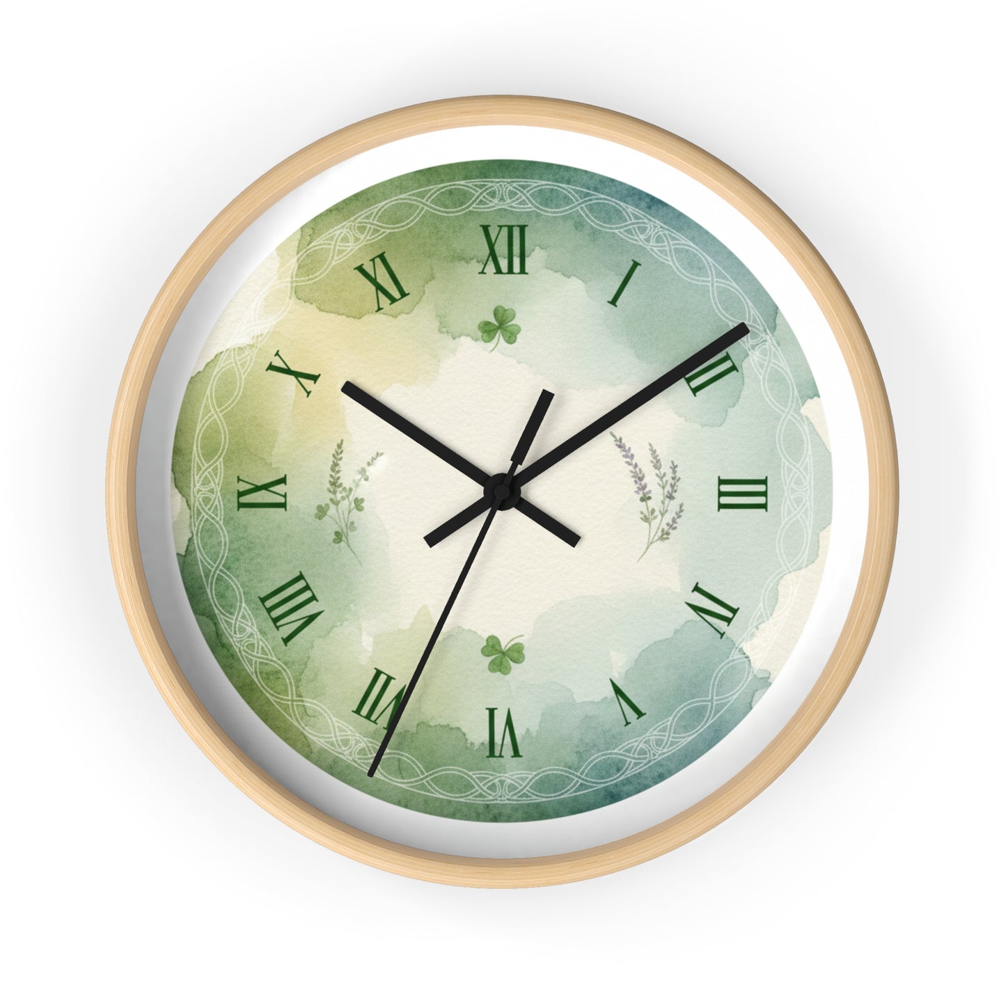 Green Watercolor Shamrock Wall Clock — Celtic Roman Numeral Home Decor
