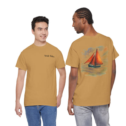 Personalized Irish Tides Unisex Heavy Cotton Tee | Galway Hooker Watercolor | Nautical Ocean Lover Gift