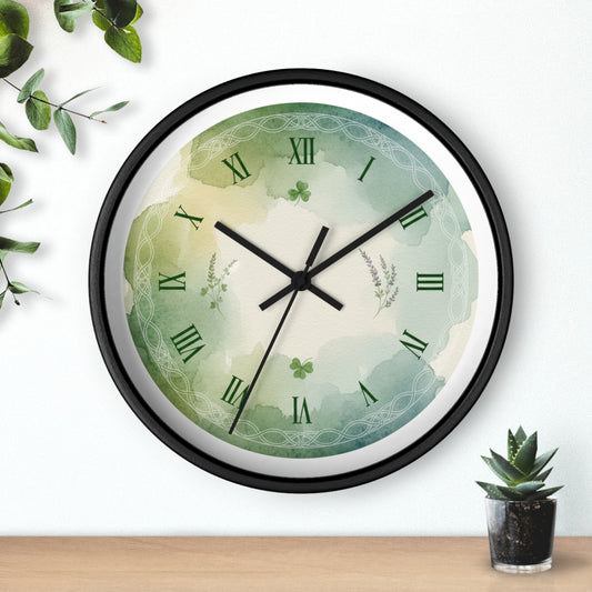Green Watercolor Shamrock Wall Clock — Celtic Roman Numeral Home Decor