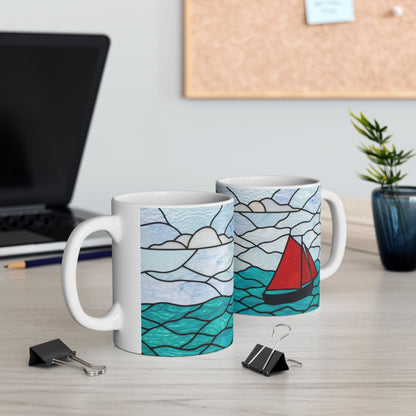 Sailing Stained Glass Ceramic Mug – Ocean Waves & Red Sail (11oz)