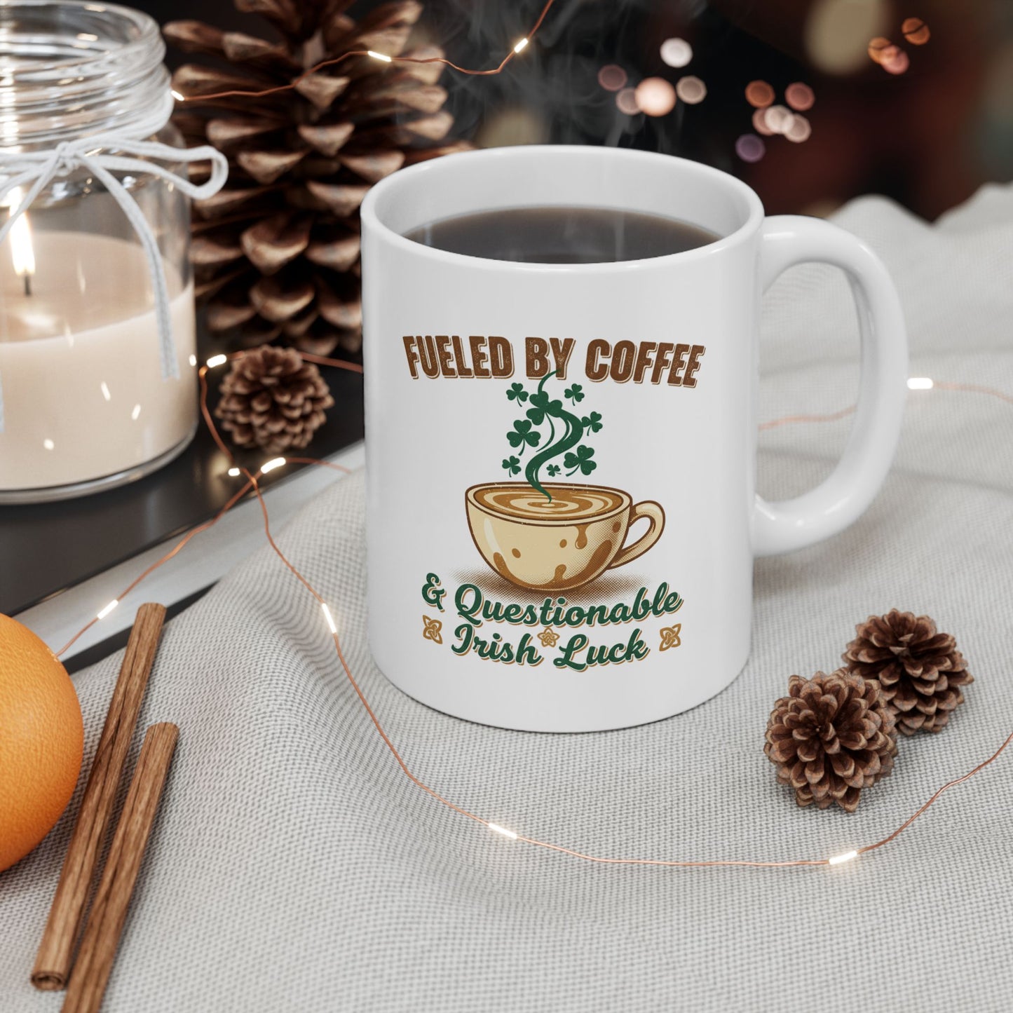 Fueled by Coffee & Caffeine and Irish Luck Ceramic Mug — Retro St. Patrick’s Coffee Gift (11oz, 15oz)