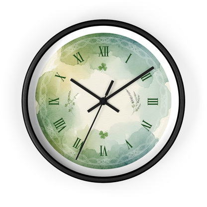 Green Watercolor Shamrock Wall Clock — Celtic Roman Numeral Home Decor