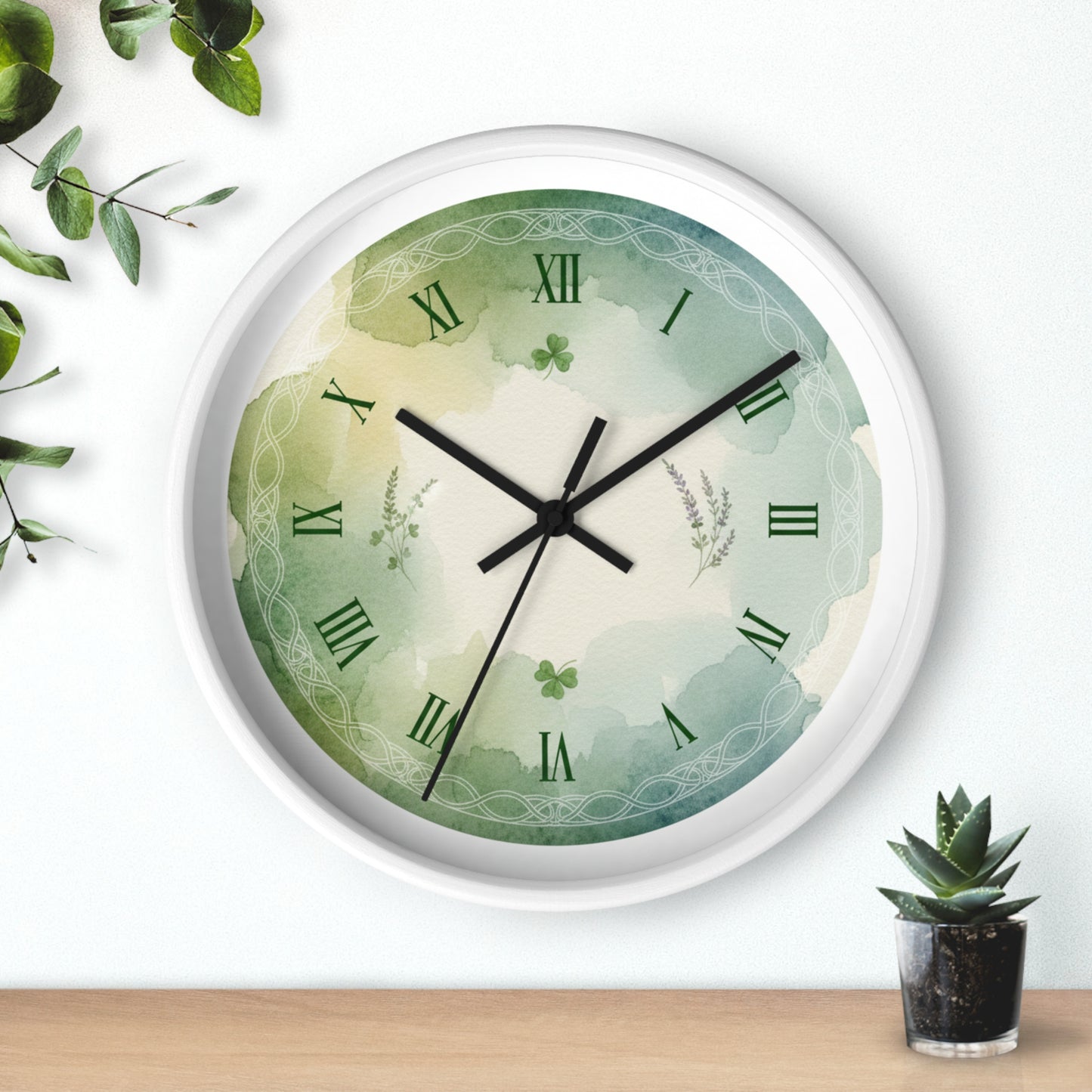 Green Watercolor Shamrock Wall Clock — Celtic Roman Numeral Home Decor