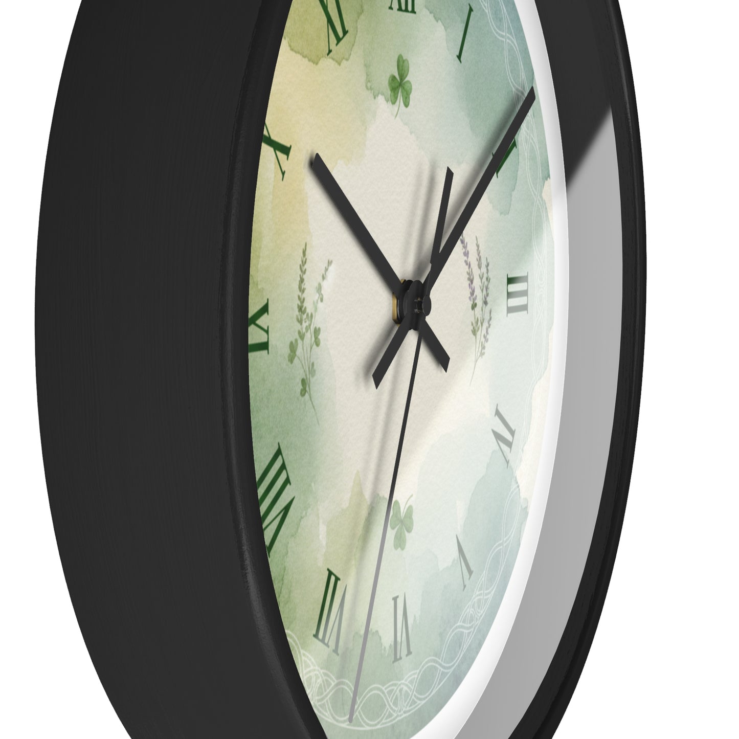 Green Watercolor Shamrock Wall Clock — Celtic Roman Numeral Home Decor