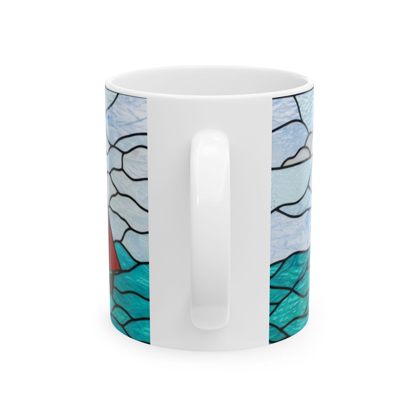 Sailing Stained Glass Ceramic Mug – Ocean Waves & Red Sail (11oz)