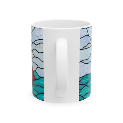 Sailing Stained Glass Ceramic Mug – Ocean Waves & Red Sail (11oz)