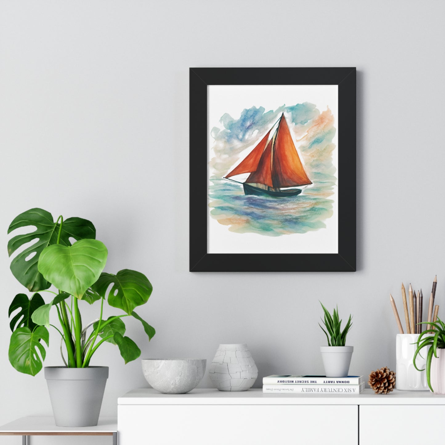 Galway Hooker Seascape Framed Vertical Poster, Nautical Wall Art, Coastal Decor, Sailboat Print, Gift for Ocean Lovers, Home and Living Decoration